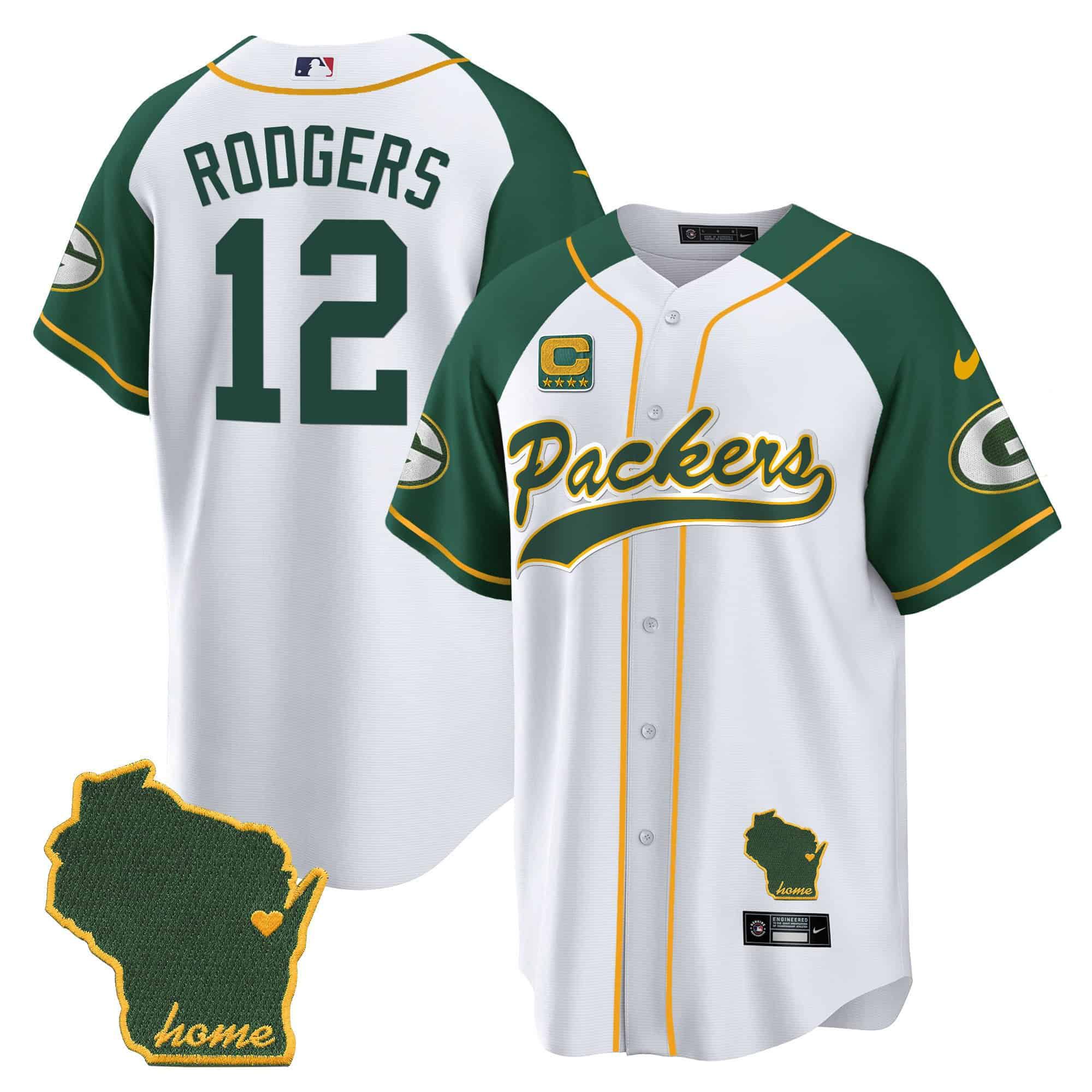 Men Green Bay Packers 12 Rodgers White 2024 Nike Home Patch Baseball NFL Jersey style 1